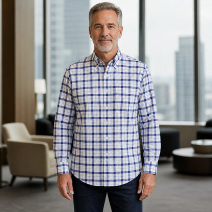 Navy and Sky Plaid Oxford Shirt — Full Front — view 10