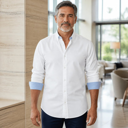 Professional mature man wearing the exact comfortable Oxford shirt — view 11