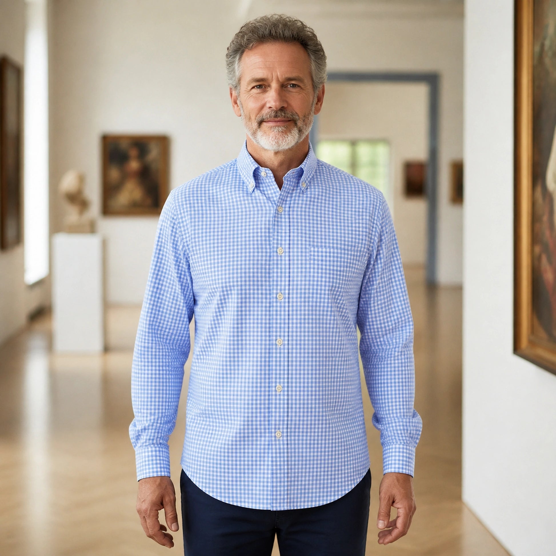 Sky Blue Gingham Oxford Shirt — Full Front — view 12