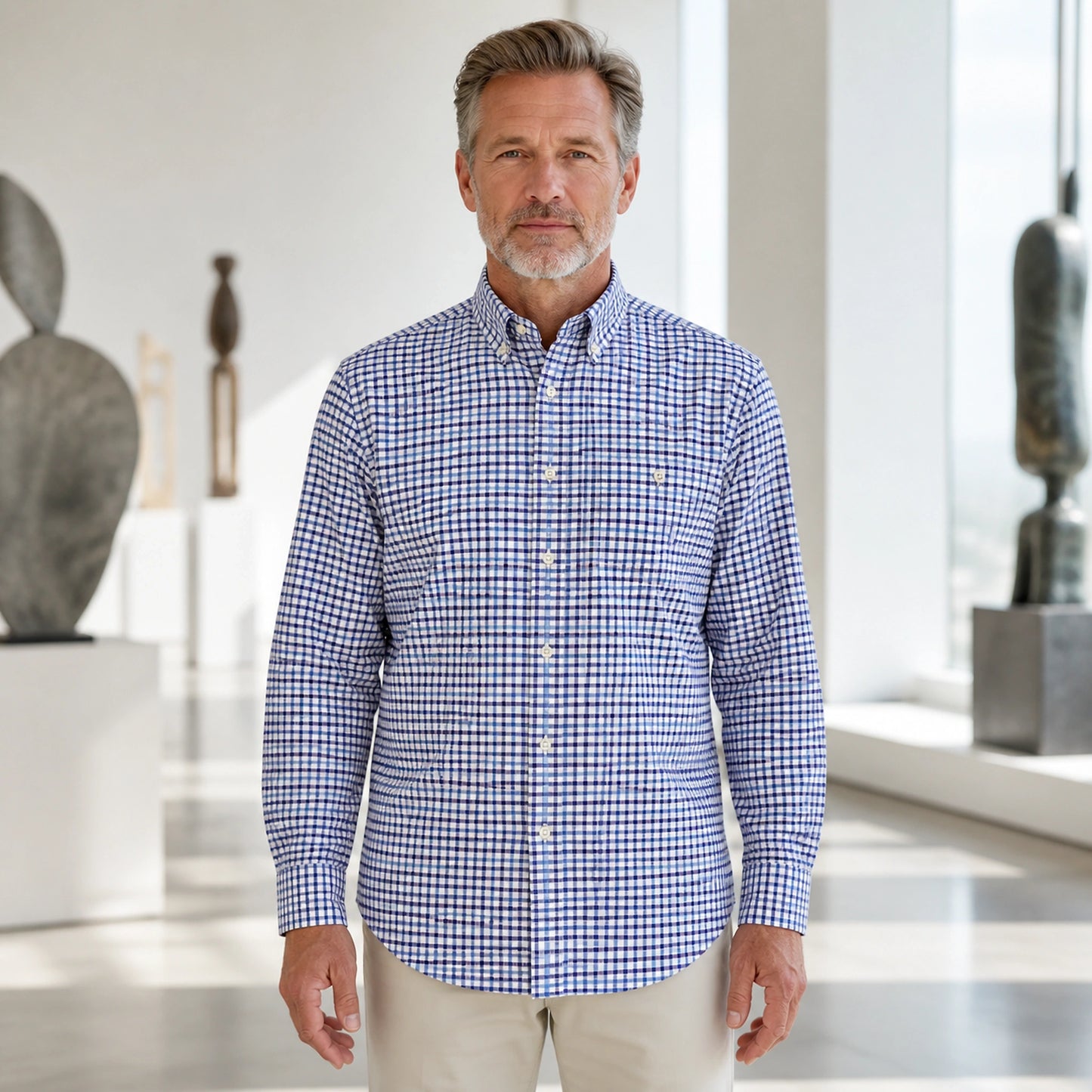 Navy Gingham Oxford Shirt — Full Front — view 17