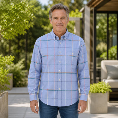 Light Blue Multicolor Windowpane Oxford Shirt — Full Front — view 18