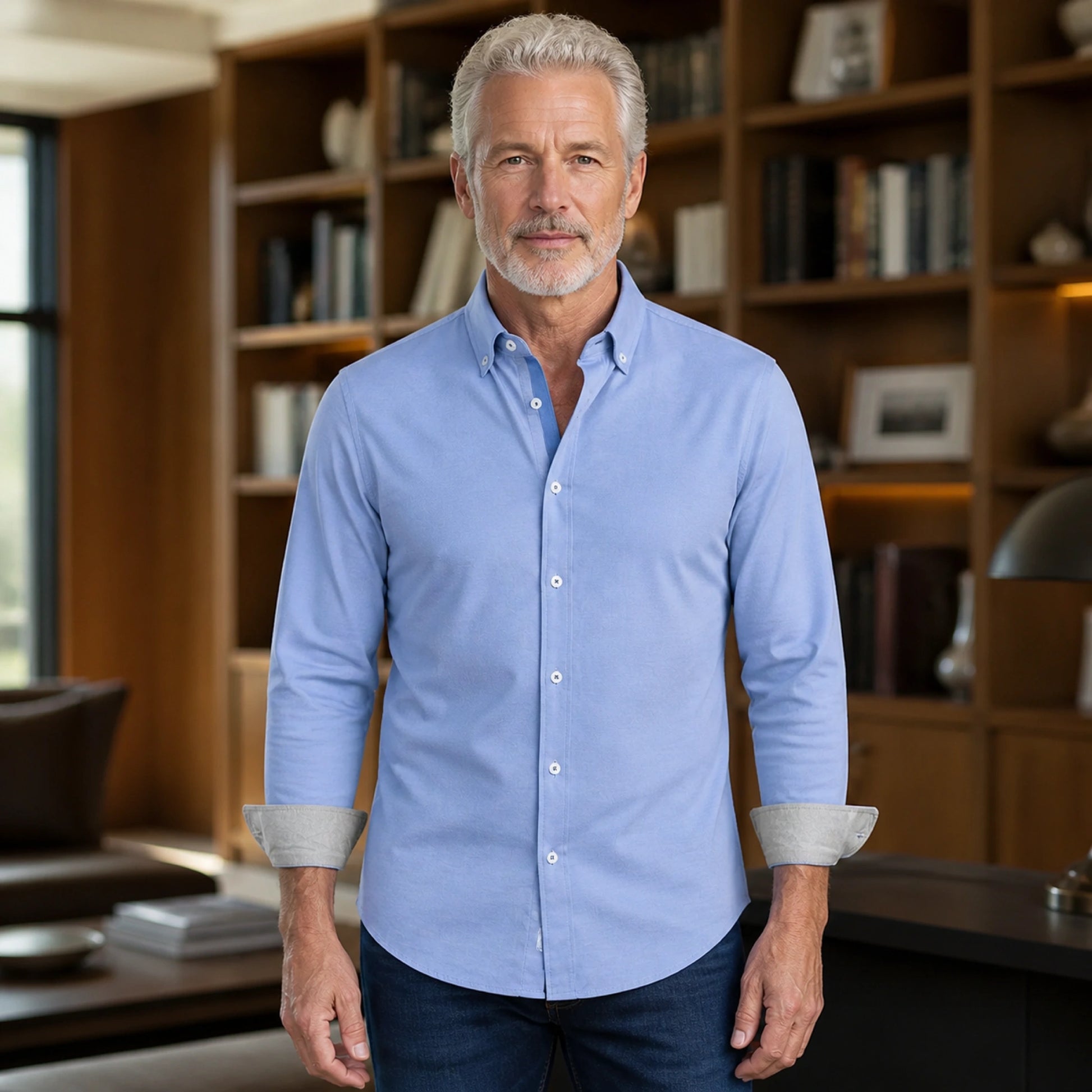 Professional mature man wearing the exact comfortable Oxford shirt — view 3