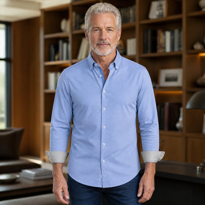 Professional mature man wearing the exact comfortable Oxford shirt — view 3