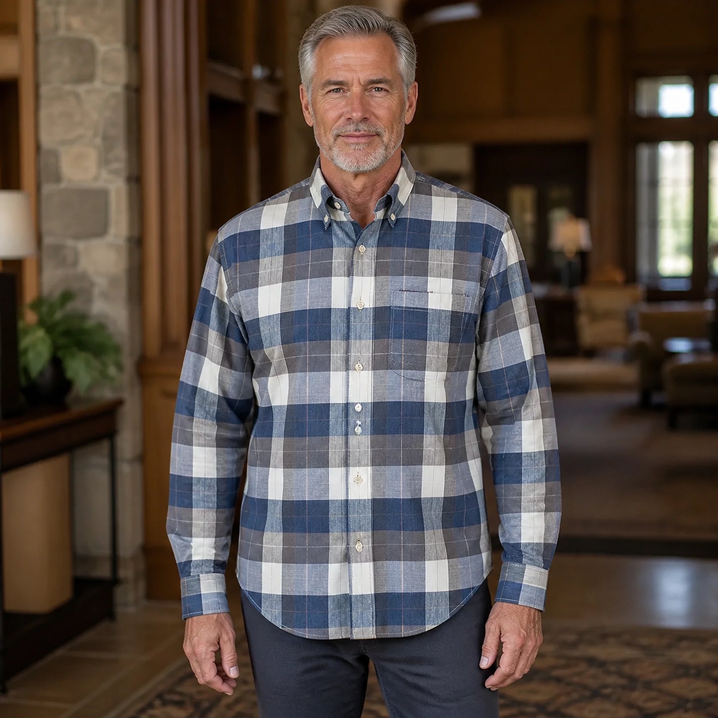 Slate Blue Plaid Oxford Shirt — Full Front — view 5