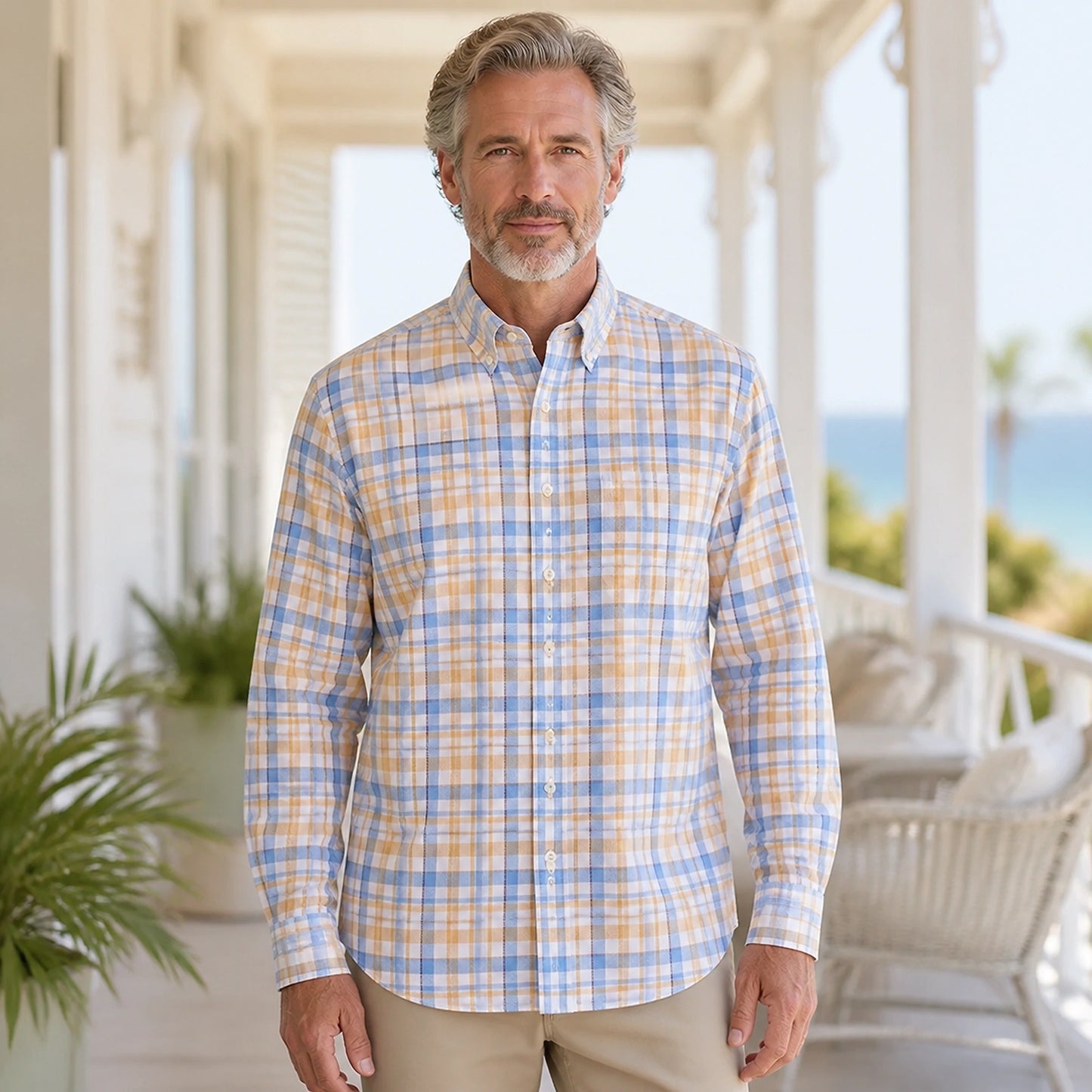 Light Blue and Tan Plaid Oxford Shirt — Full Front — view 6