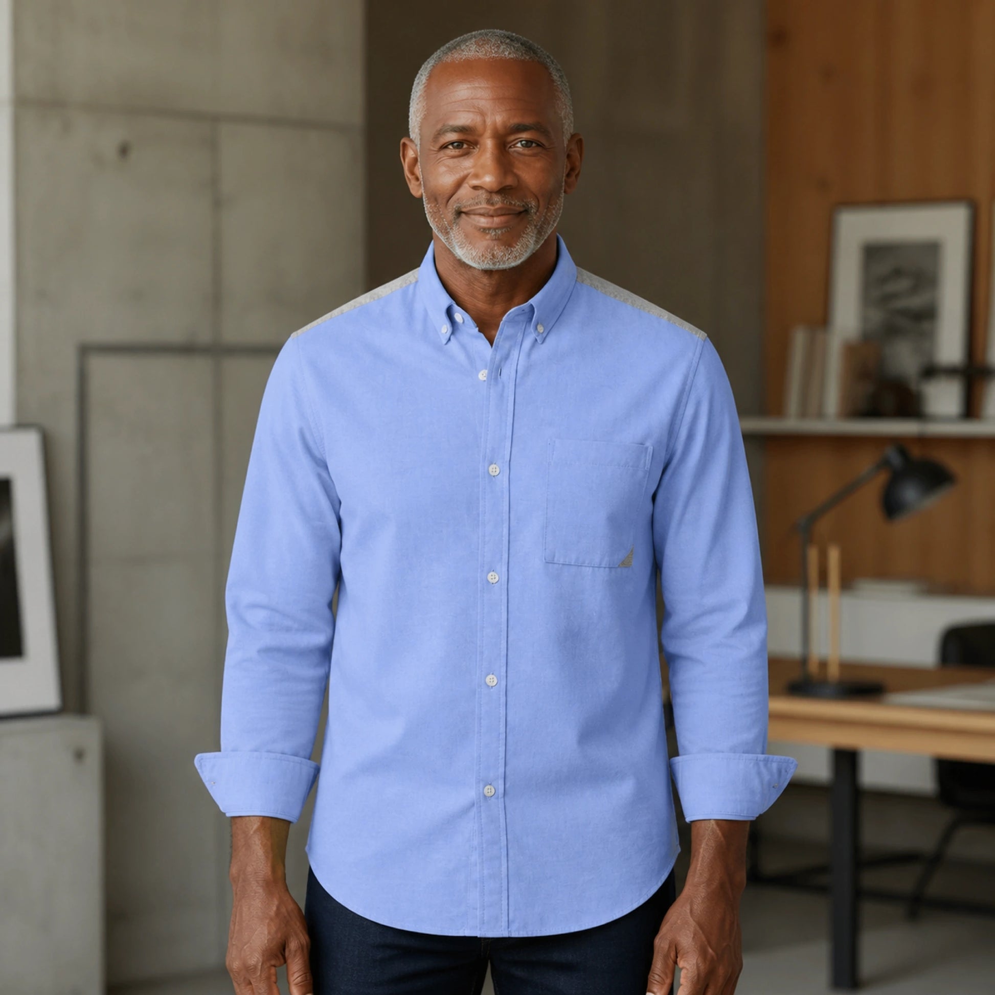 Professional mature man wearing the exact comfortable Oxford shirt — view 7