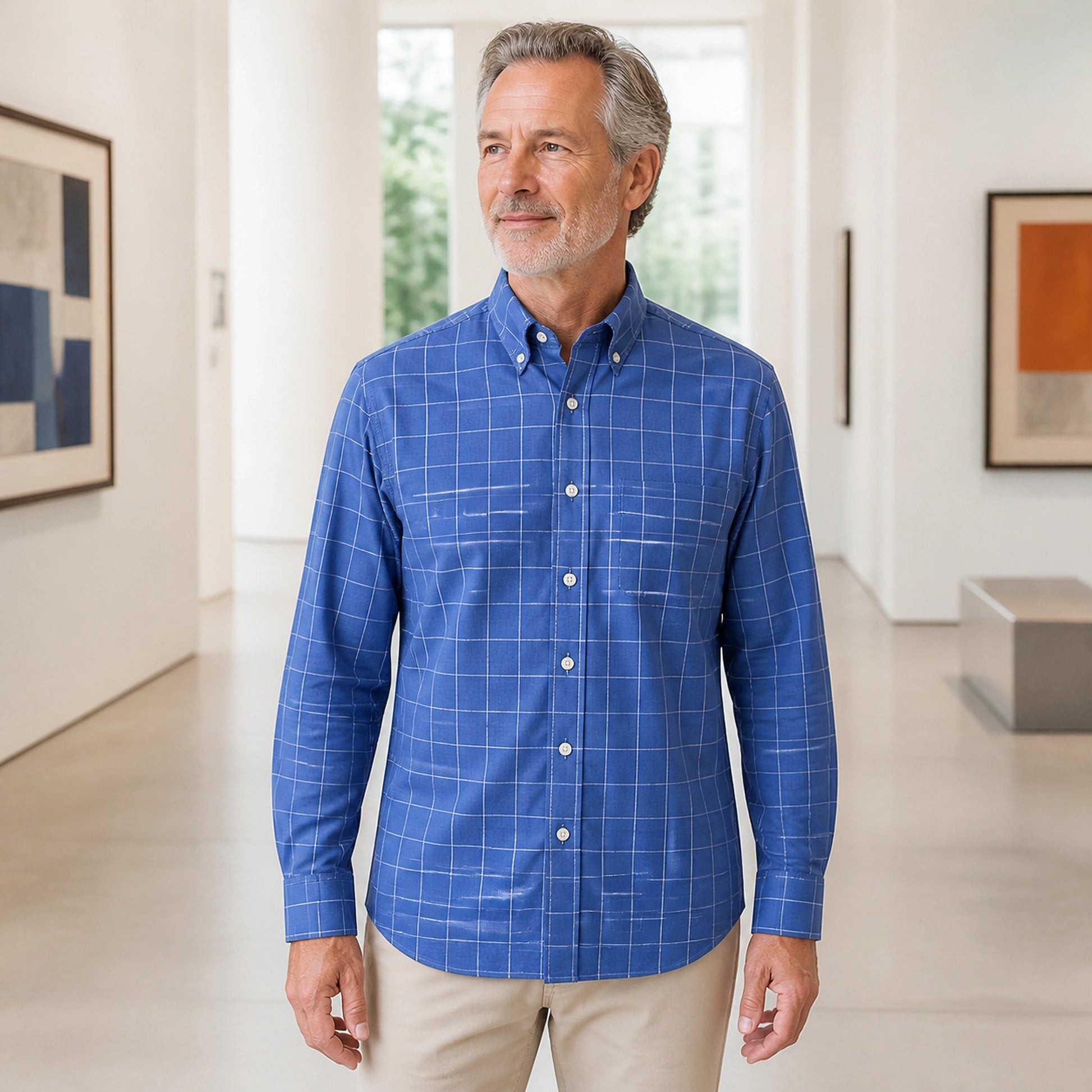 Blue Windowpane Oxford Shirt — Full Front — view 8