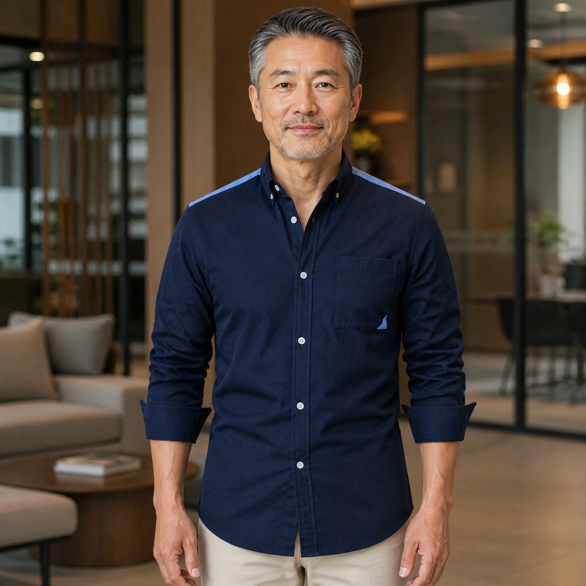 Professional mature man wearing the exact comfortable Oxford shirt — view 9