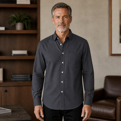 Mature man wearing Dark Gray slim fit long sleeve Oxford shirt, full front view with point collar, white buttons — view 4
