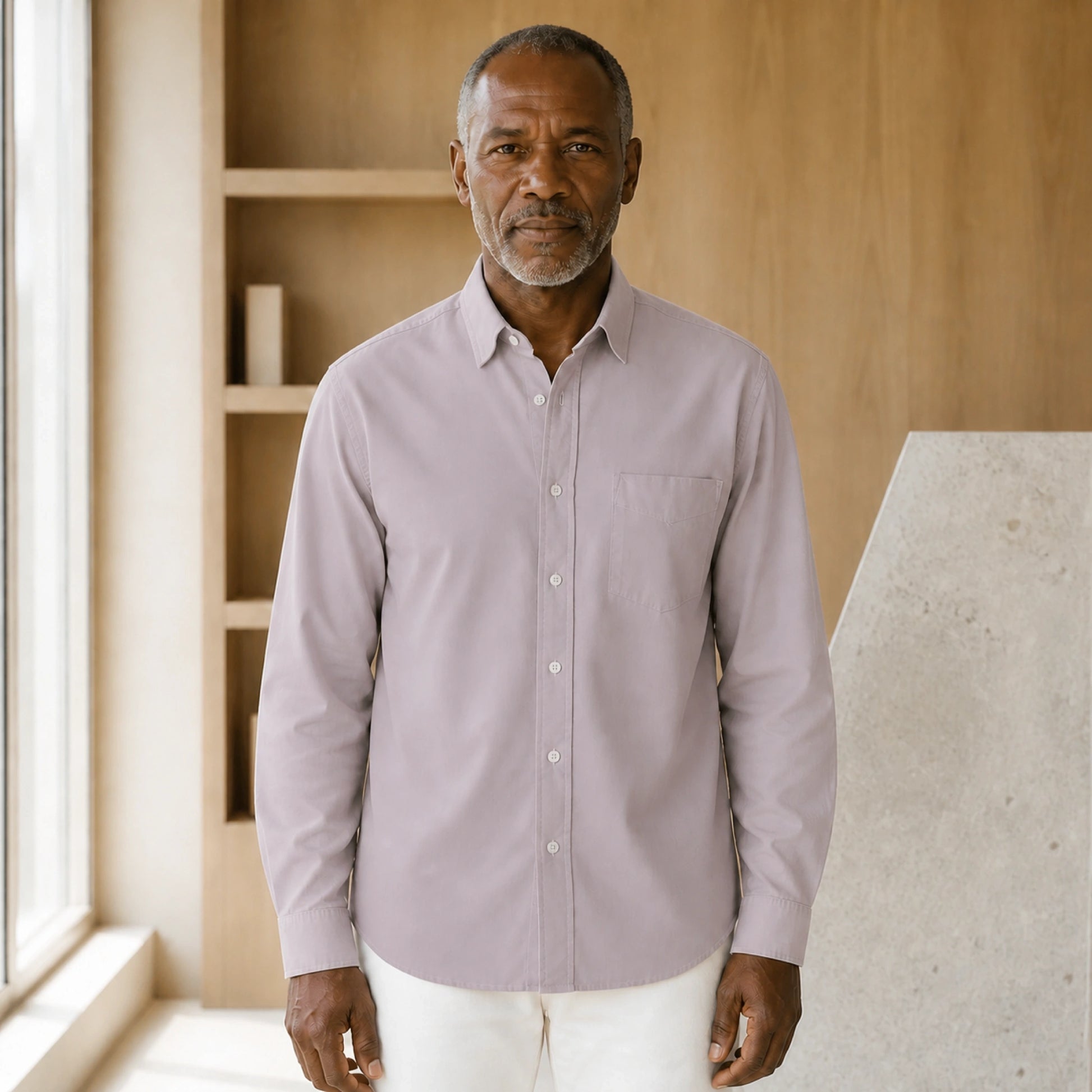 Mature man wearing Khaki slim fit long sleeve Oxford shirt, full front view with point collar, white buttons, chest — view 5