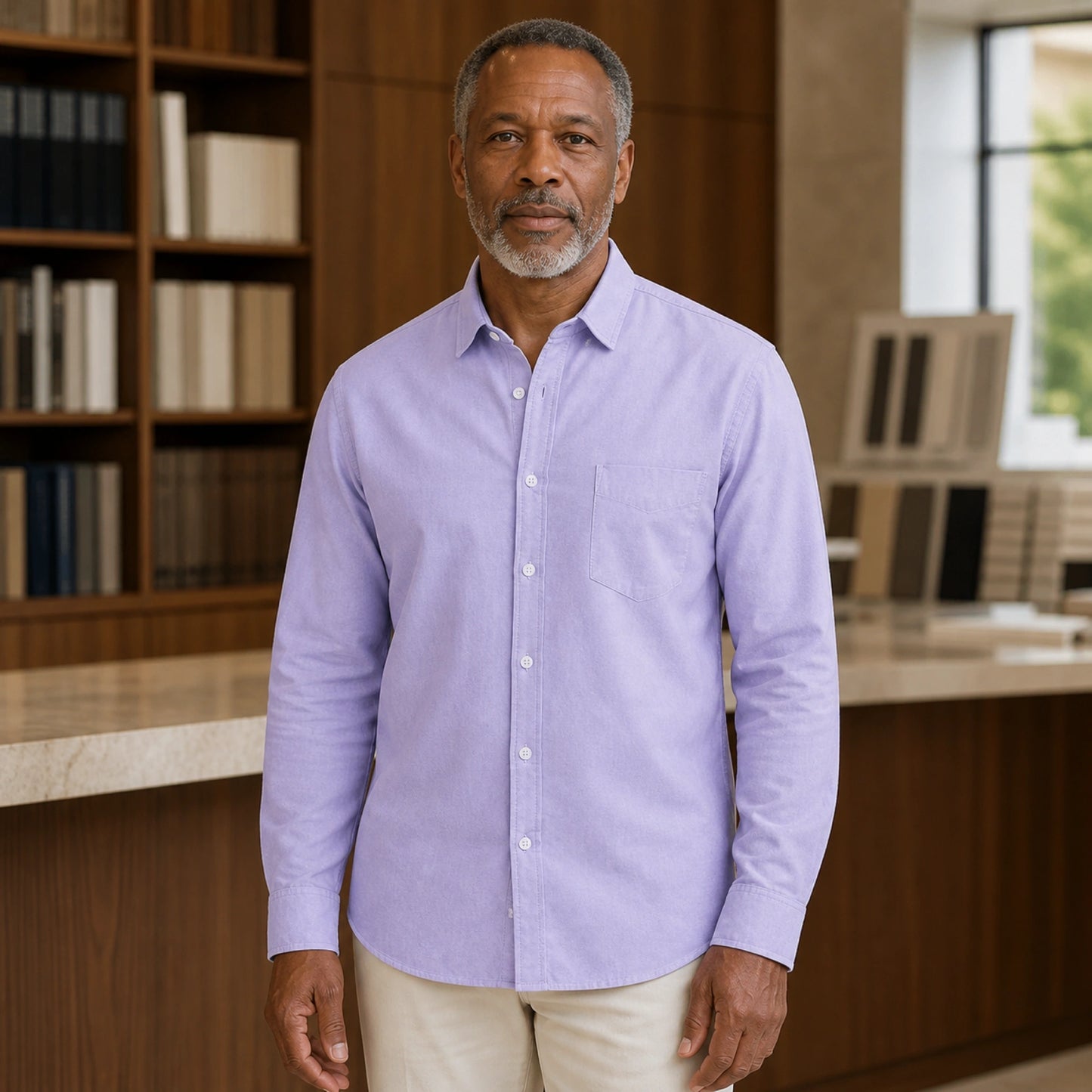 Mature man wearing Purple slim fit long sleeve Oxford shirt, full front view with point collar, white buttons, chest — view 7