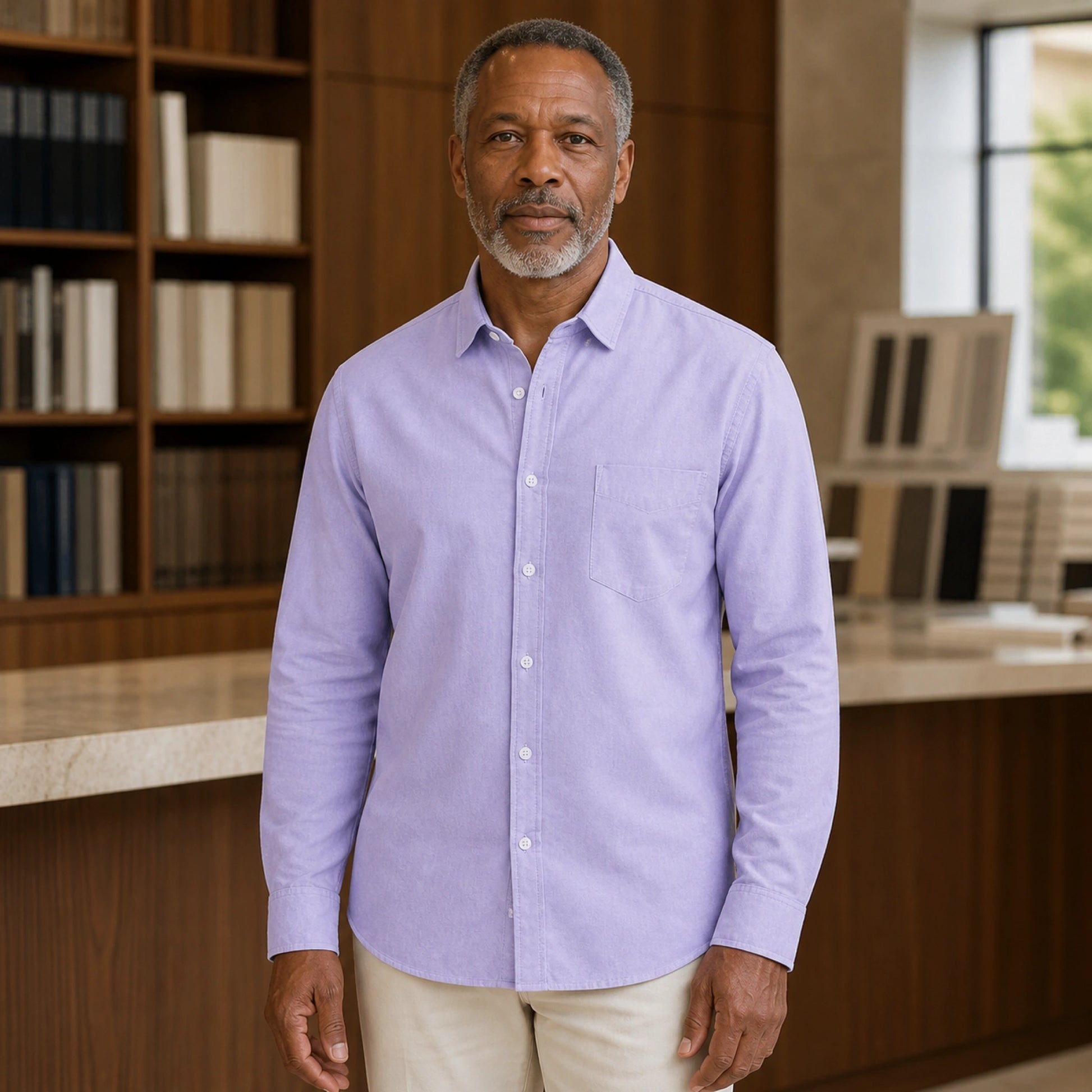 Mature man wearing Purple slim fit long sleeve Oxford shirt, full front view with point collar, white buttons, chest — view 7
