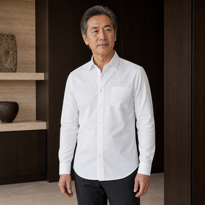 Mature man wearing White slim fit long sleeve Oxford shirt, full front view with point collar, buttons, chest — view 8