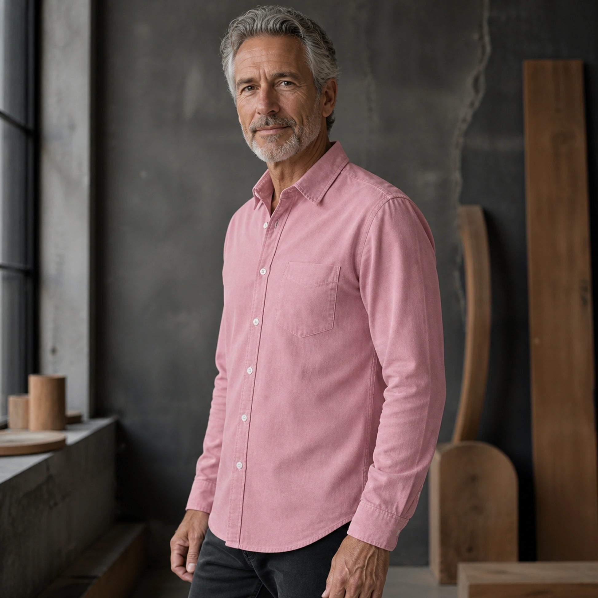 Mature man wearing Pink slim fit long sleeve Oxford shirt, realistic side view showing collar, pocket, cuff, seam — view 9