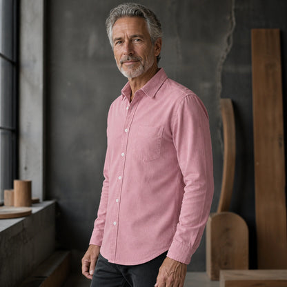 Mature man wearing Pink slim fit long sleeve Oxford shirt, realistic side view showing collar, pocket, cuff, seam — view 9