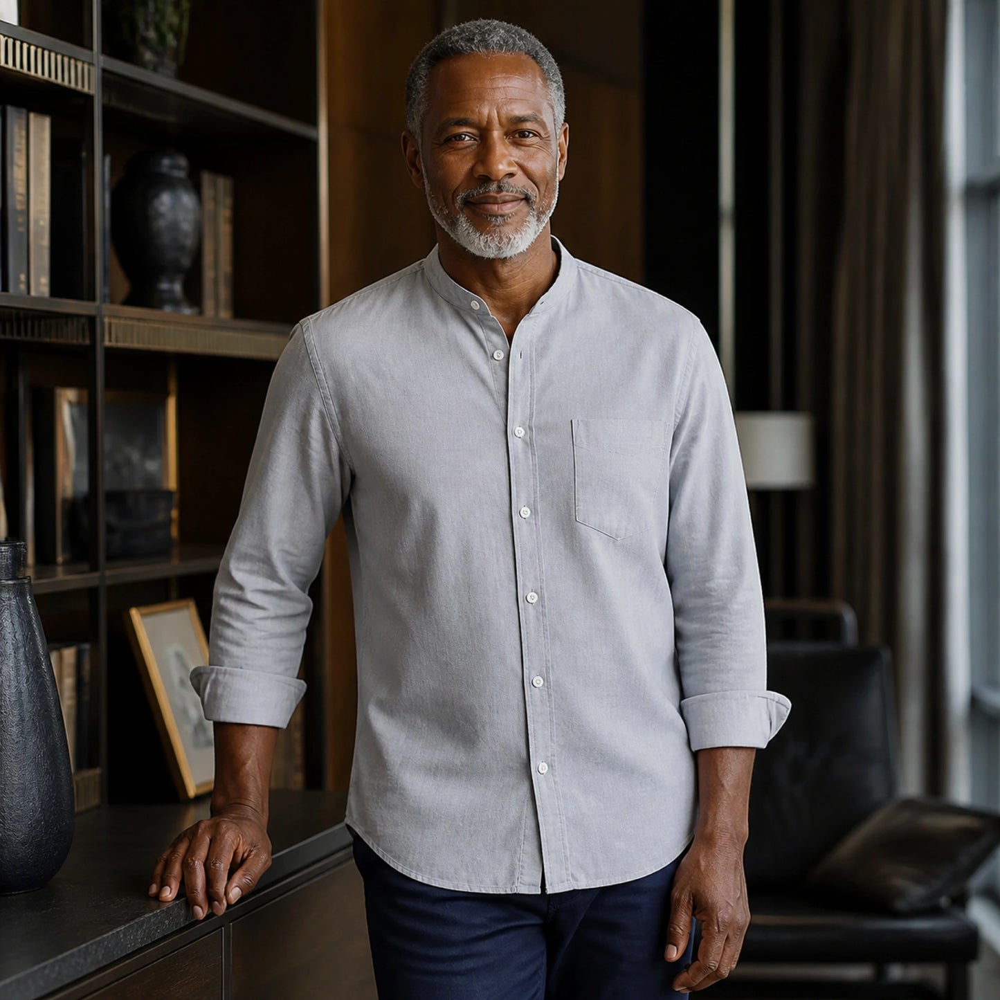 Mature man wearing the gray slim fit cotton Oxford shirt, full front view with stand collar, chest pocket, rolled — view 3