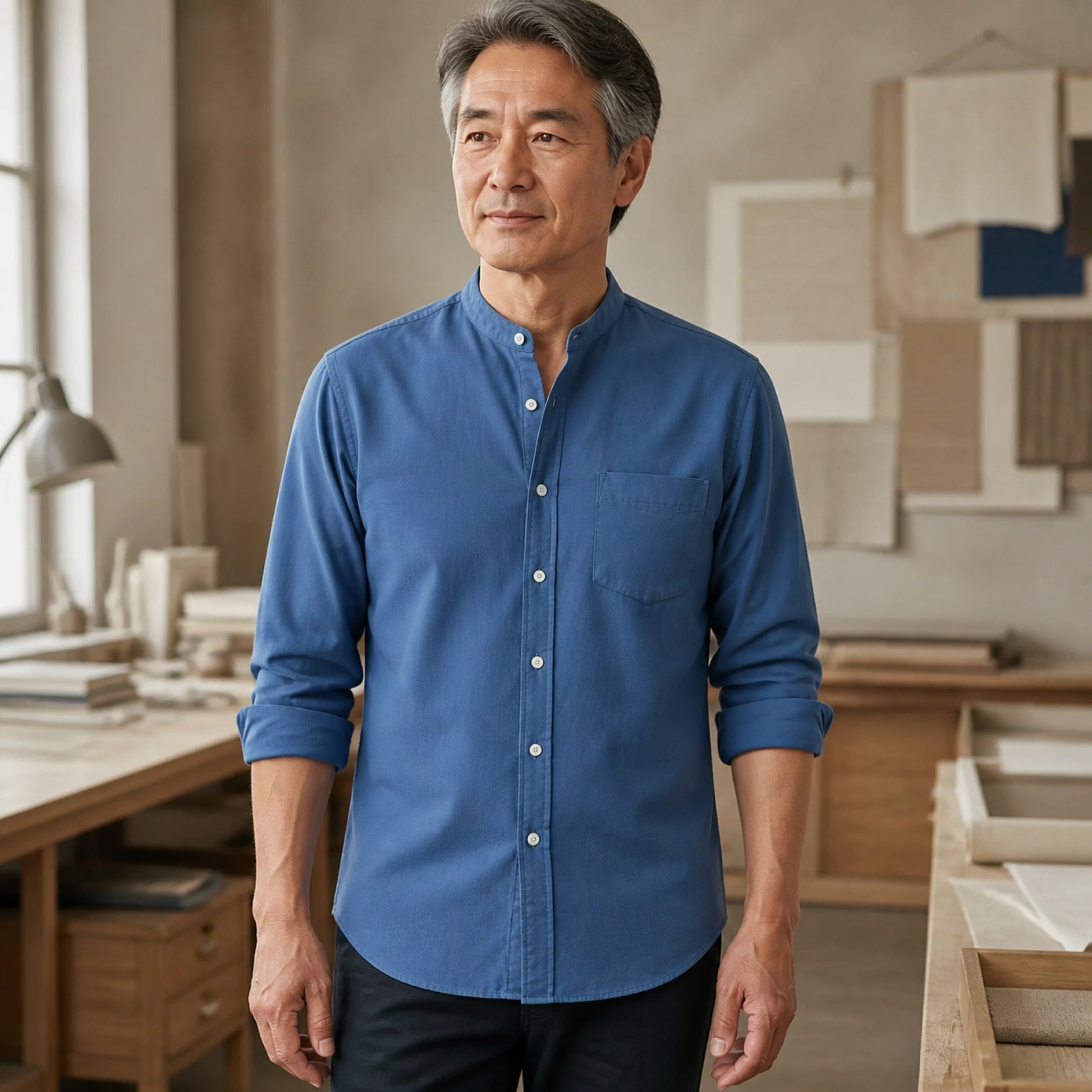 Mature man wearing the blue slim fit cotton Oxford shirt, full front view with stand collar, chest pocket, rolled — view 5