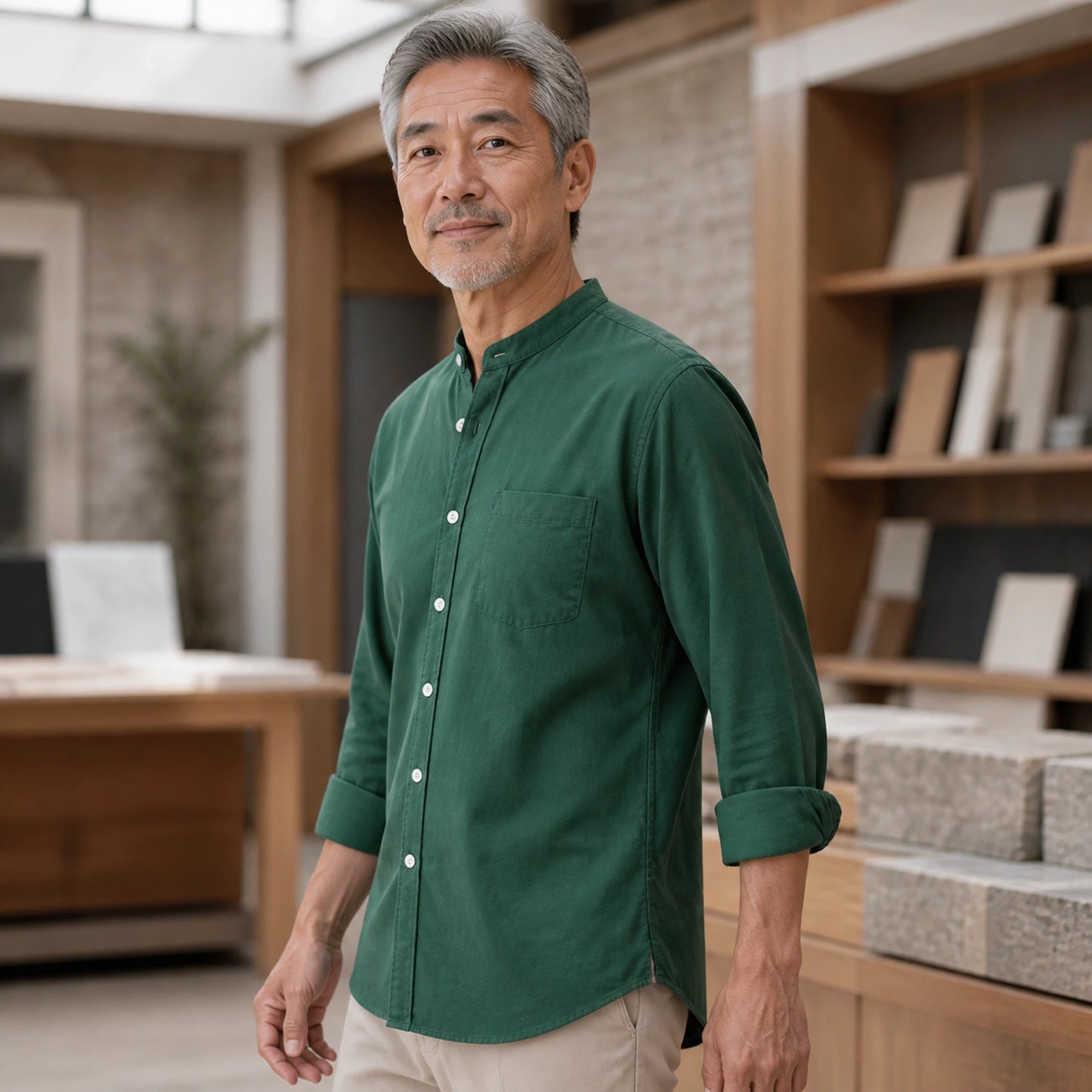 Mature man wearing the green slim fit cotton Oxford shirt, realistic side view showing sleeve, cuff, and curved hem — view 7