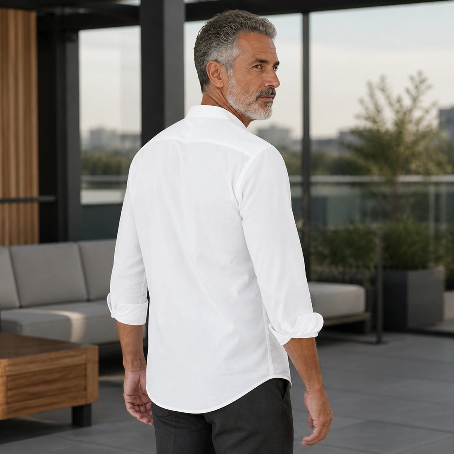 Mature man wearing the white slim fit cotton Oxford shirt, realistic rear view showing back yoke, sleeves, and — view 8