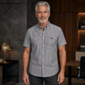 Gray Stripe Casual Oxford Shirt on mature male model, front view