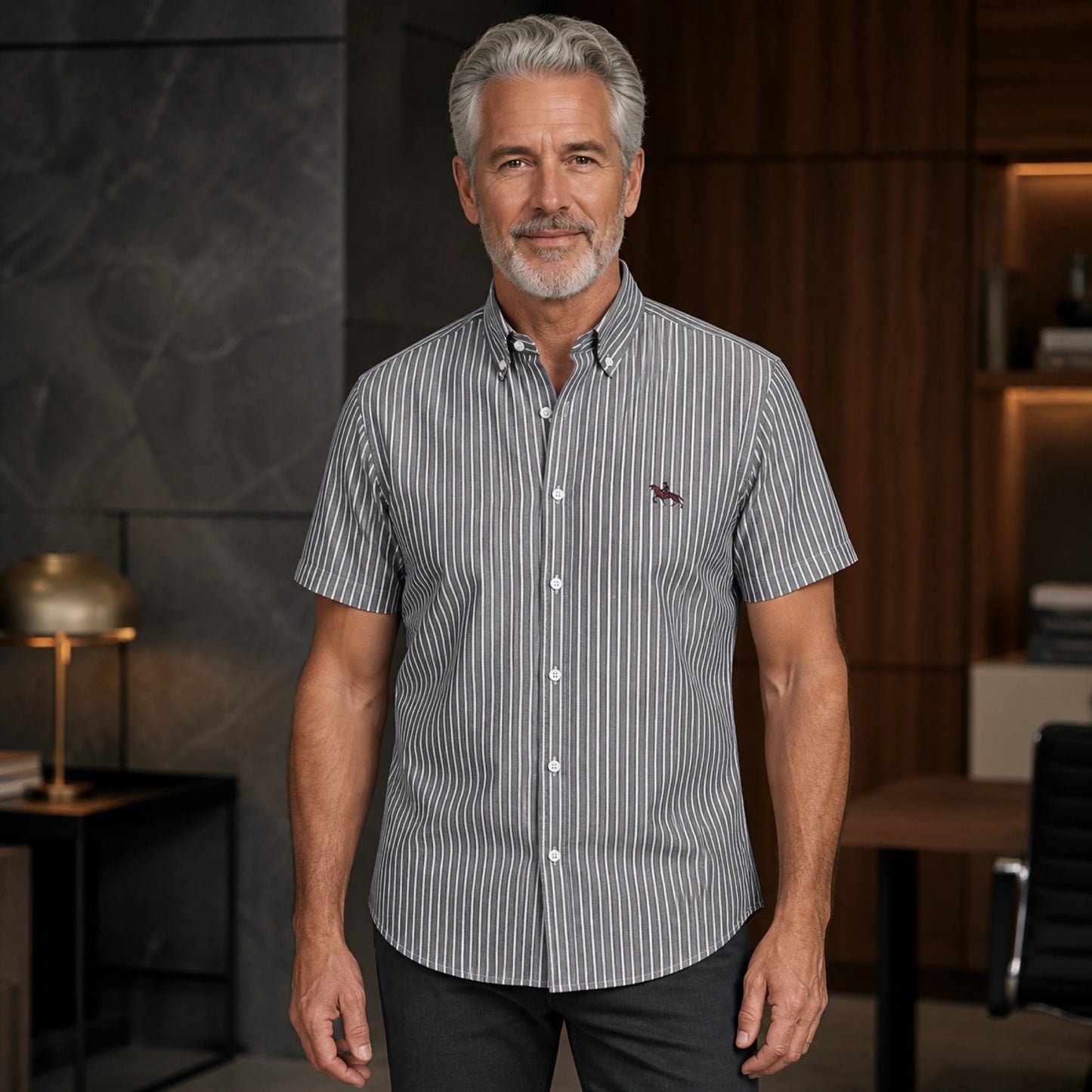 Gray Stripe Casual Oxford Shirt on mature male model, front view