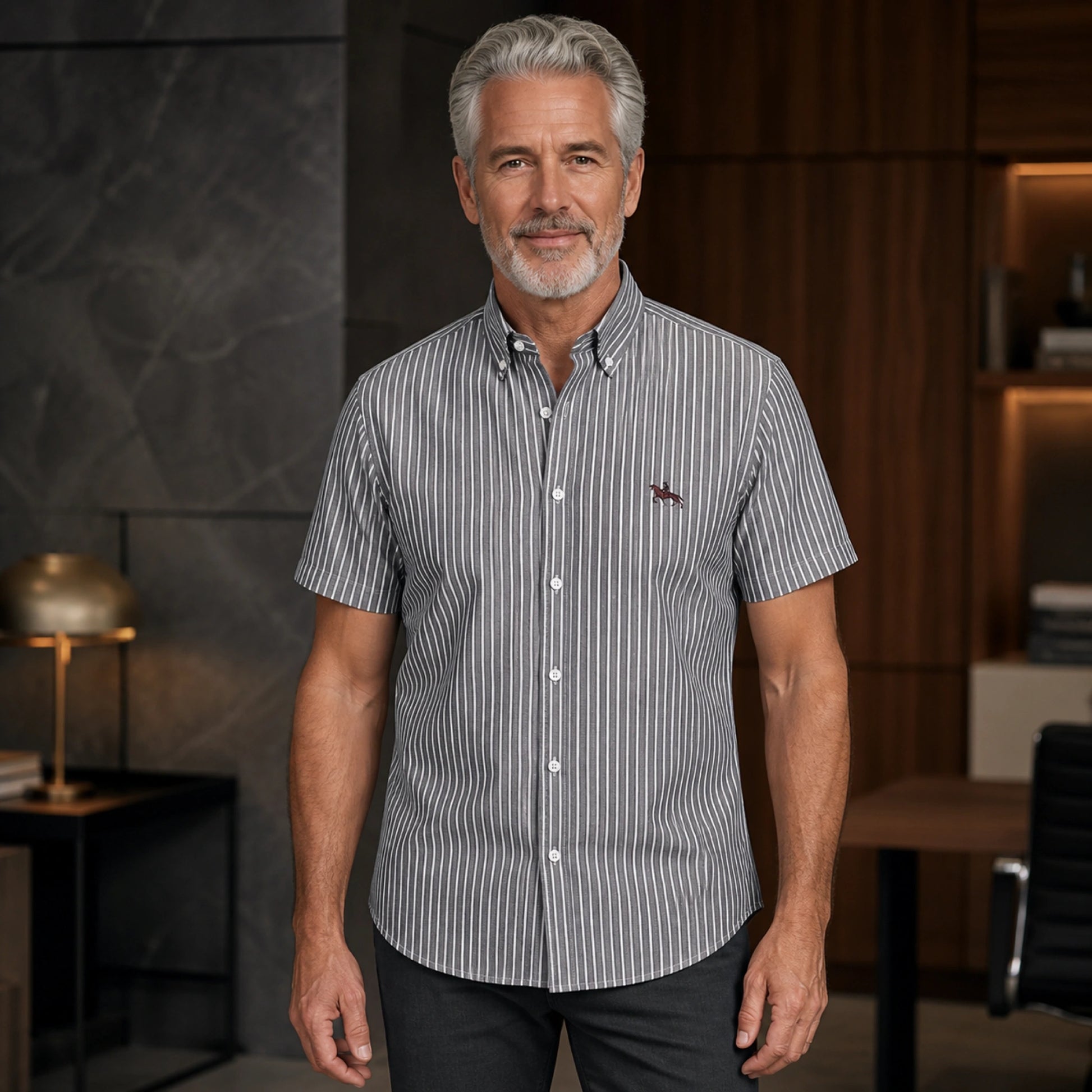 Gray Stripe Casual Oxford Shirt on mature male model, front view