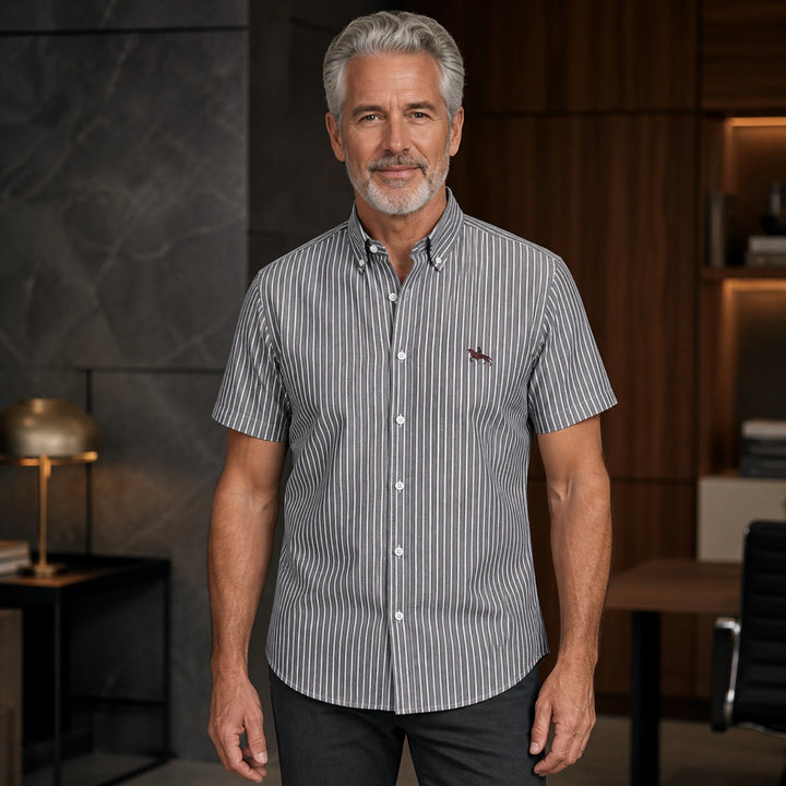 Gray Stripe Casual Oxford Shirt on mature male model, front view