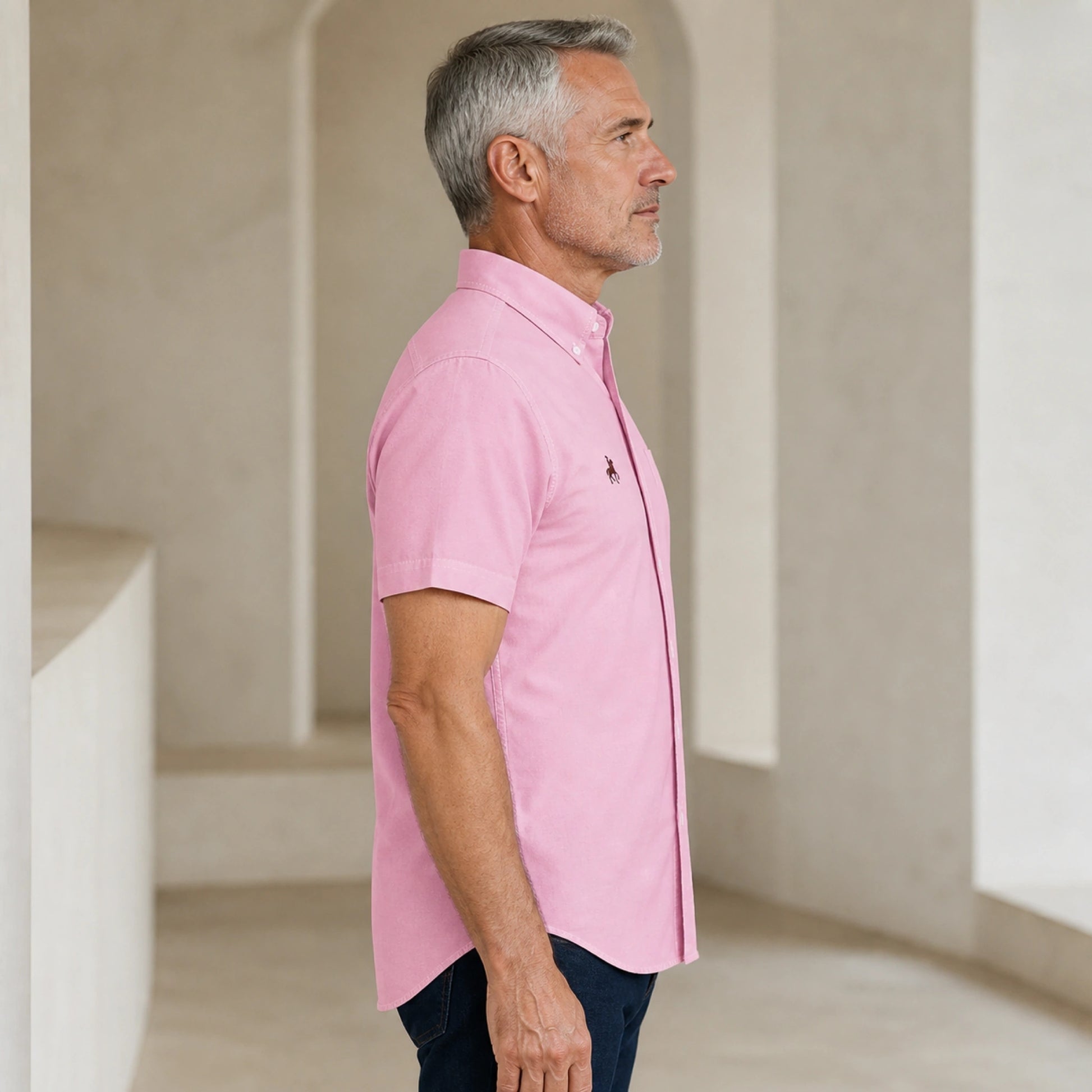 Pink Casual Oxford Shirt on mature male model, side view — view 10