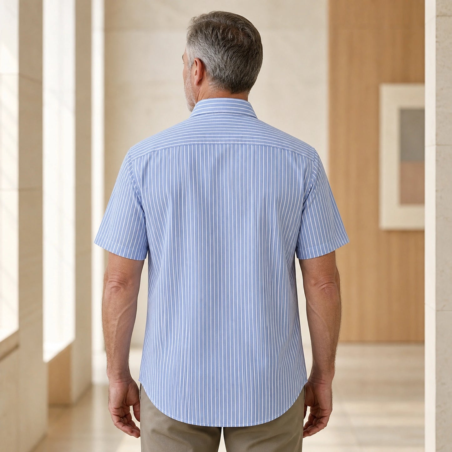 Blue Stripe Casual Oxford Shirt on mature male model, back view — view 11