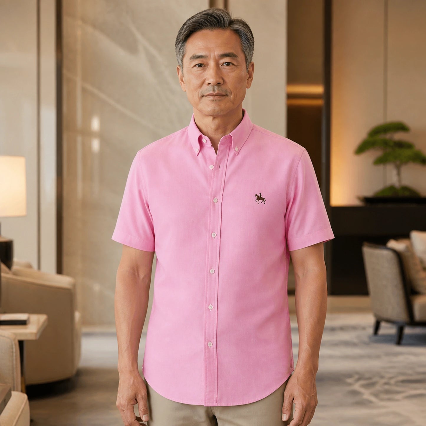 Pink Casual Oxford Shirt on mature male model, front view — view 2