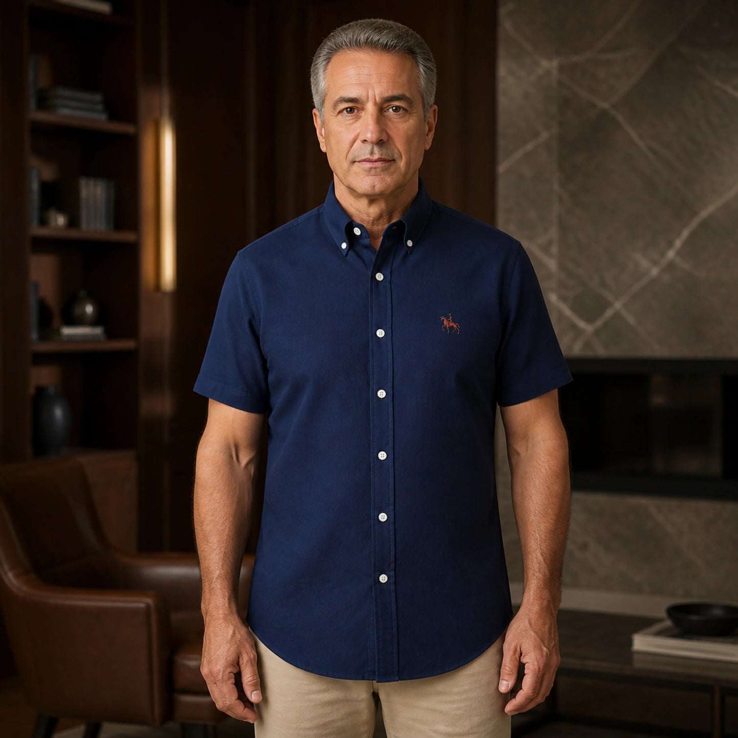 Navy Blue Casual Oxford Shirt on mature male model, front view — view 3