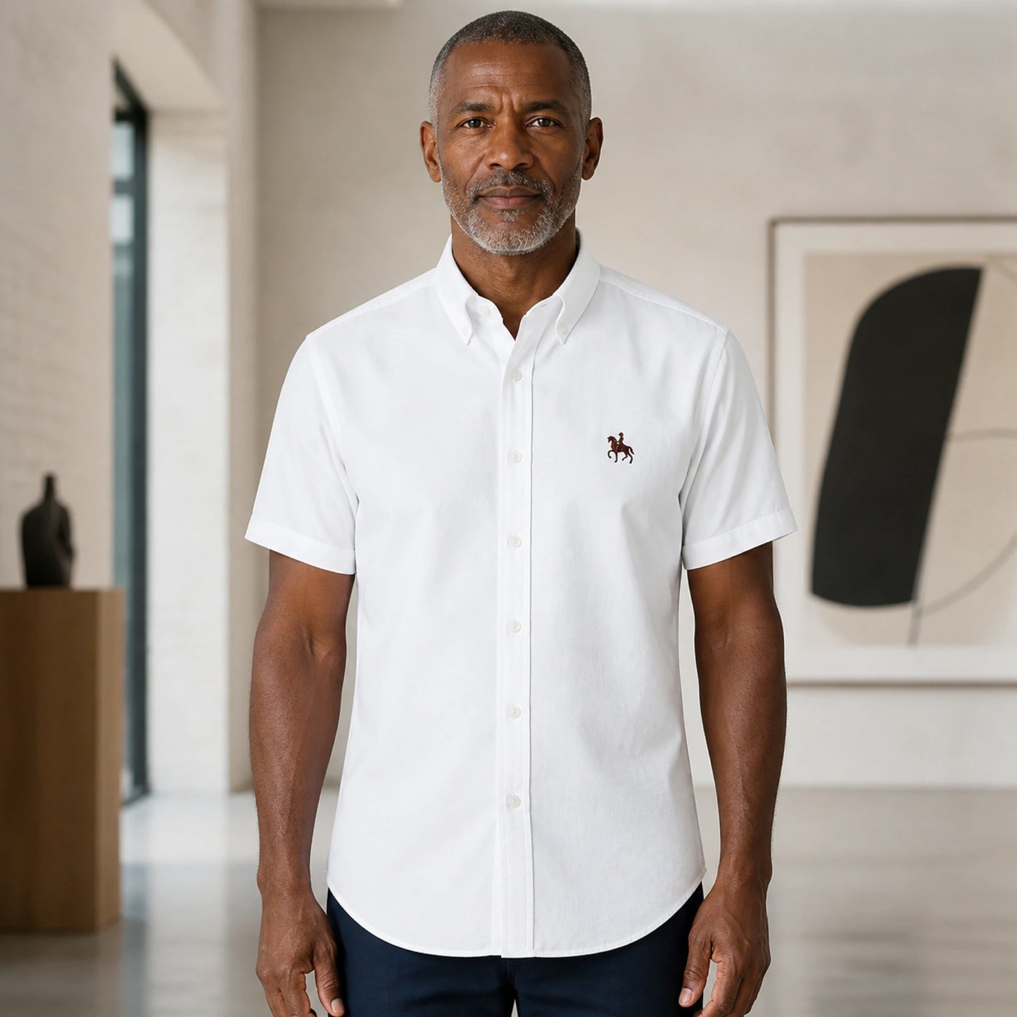 White Casual Oxford Shirt on mature male model, front view — view 4