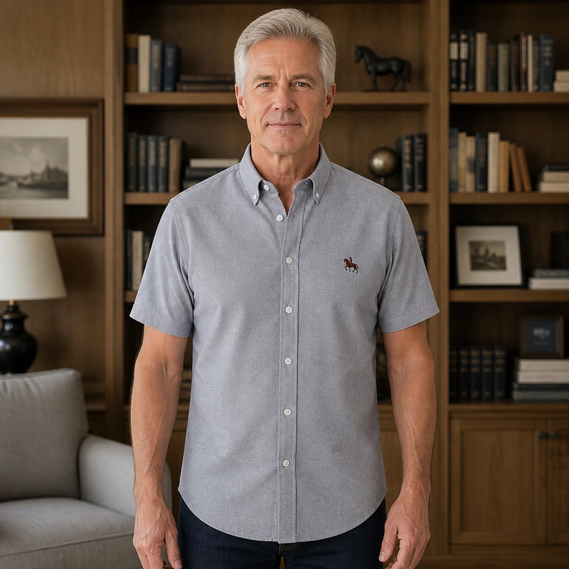 Gray Casual Oxford Shirt on mature male model, front view — view 5