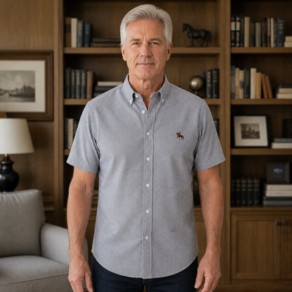 Gray Casual Oxford Shirt on mature male model, front view — view 5
