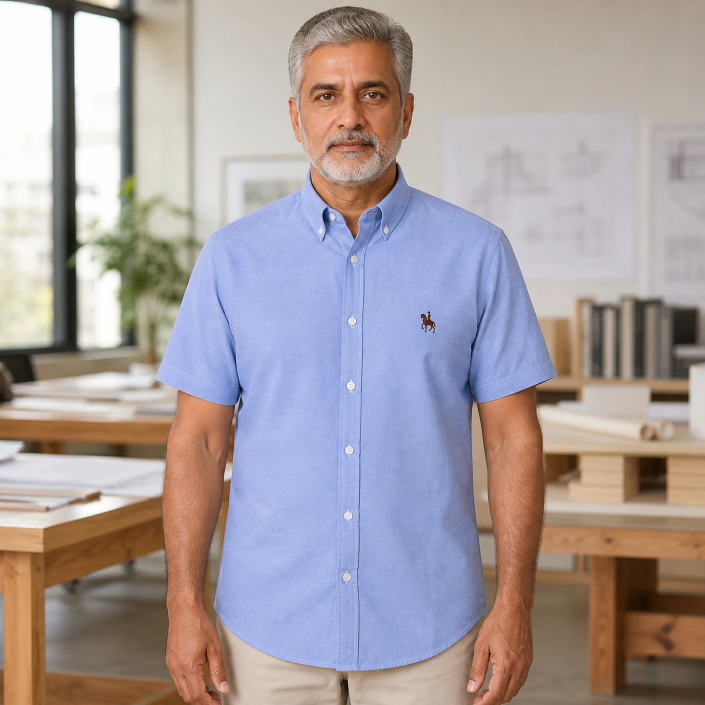 Blue Casual Oxford Shirt on mature male model, front view — view 6