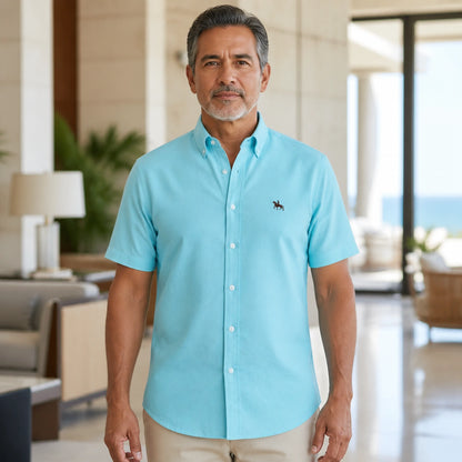 Sky Blue Casual Oxford Shirt on mature male model, front view — view 7