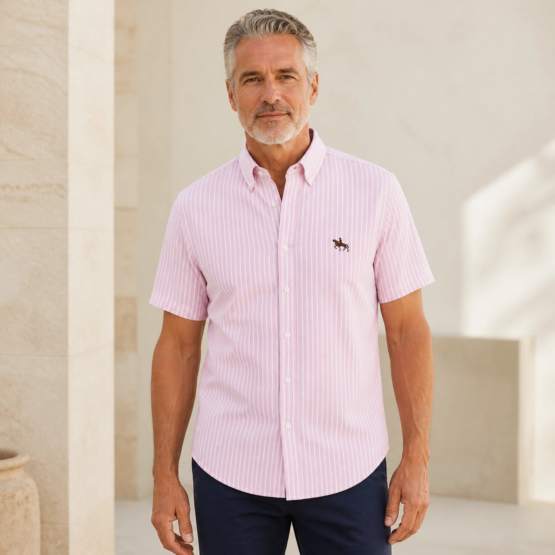 Pink Stripe Casual Oxford Shirt on mature male model, front view — view 8