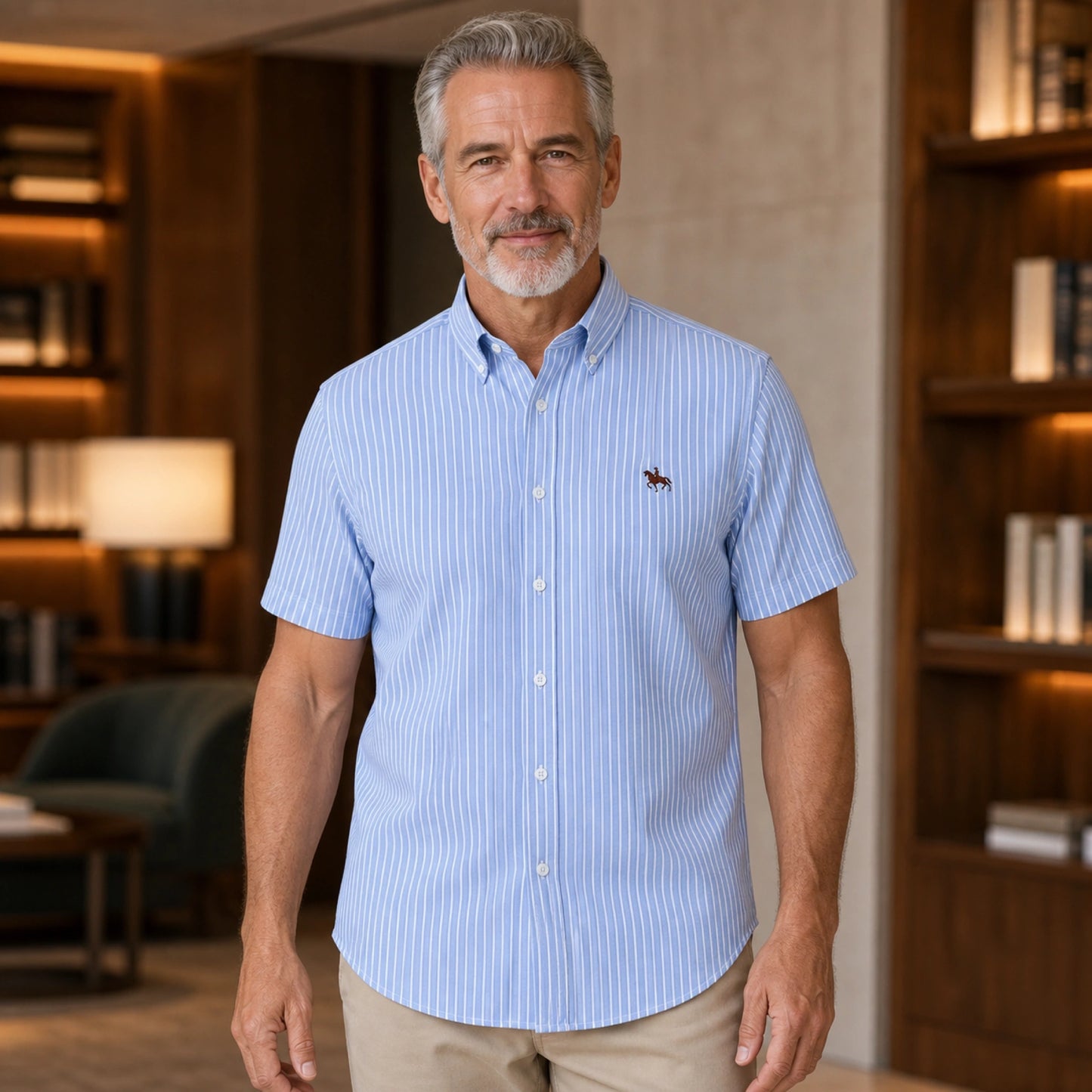 Blue Stripe Casual Oxford Shirt on mature male model, front view — view 9