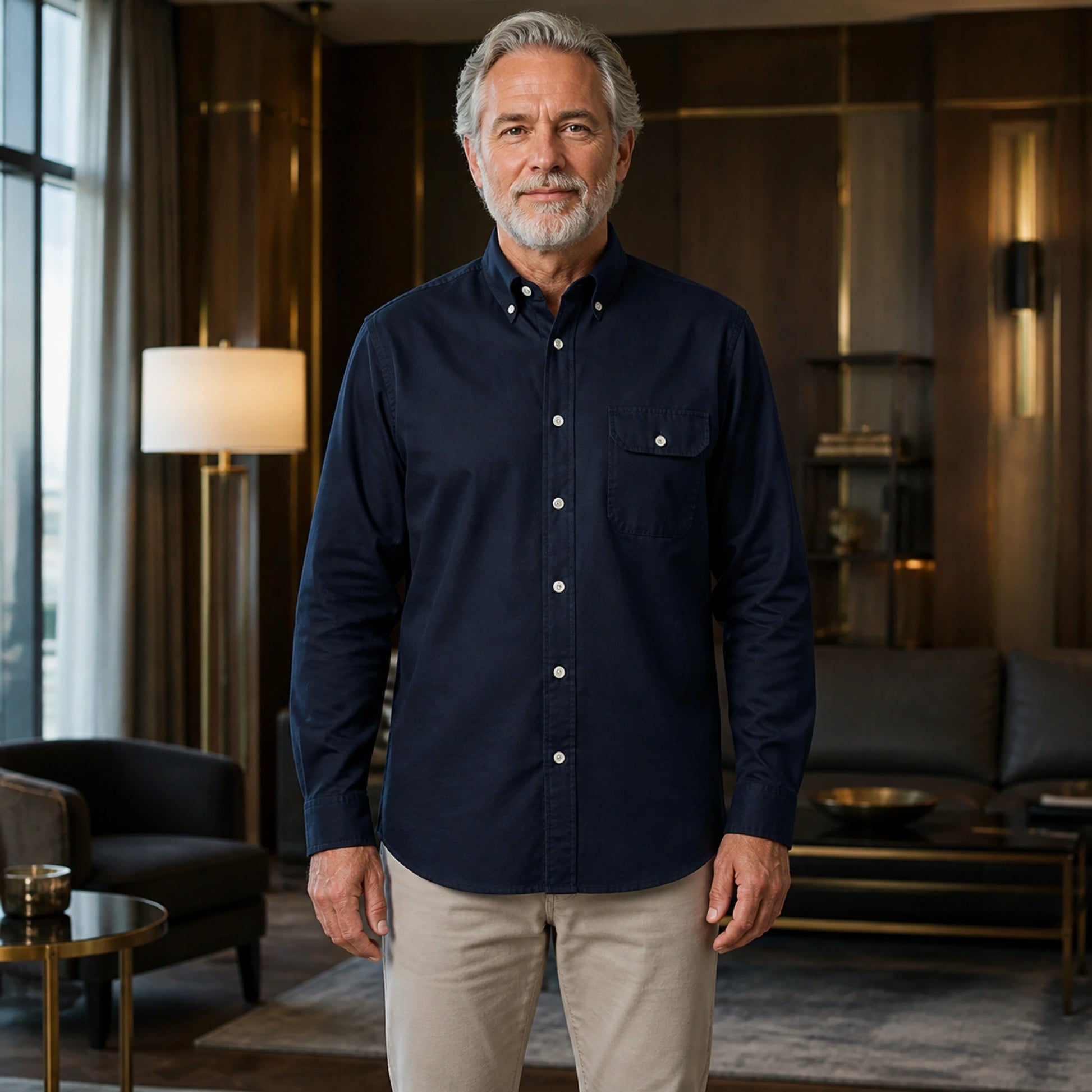 Mature man wearing Sapphire Blue casual thick Oxford shirt, full front view with button down collar, one flap — view 2