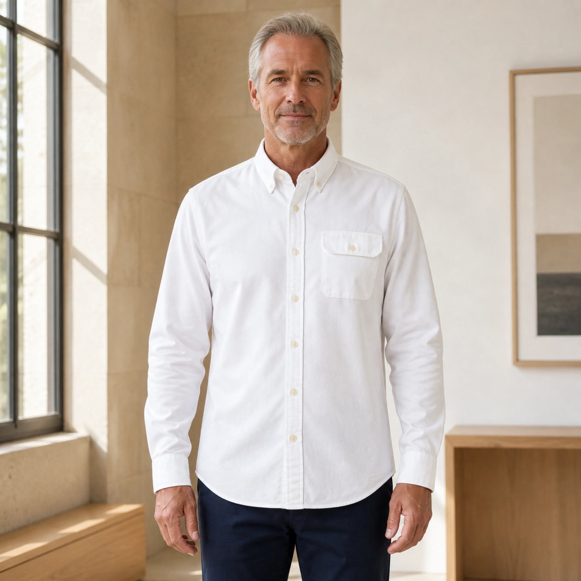Mature man wearing White casual thick Oxford shirt, full front view with button down collar, one flap pocket, cuffs — view 3