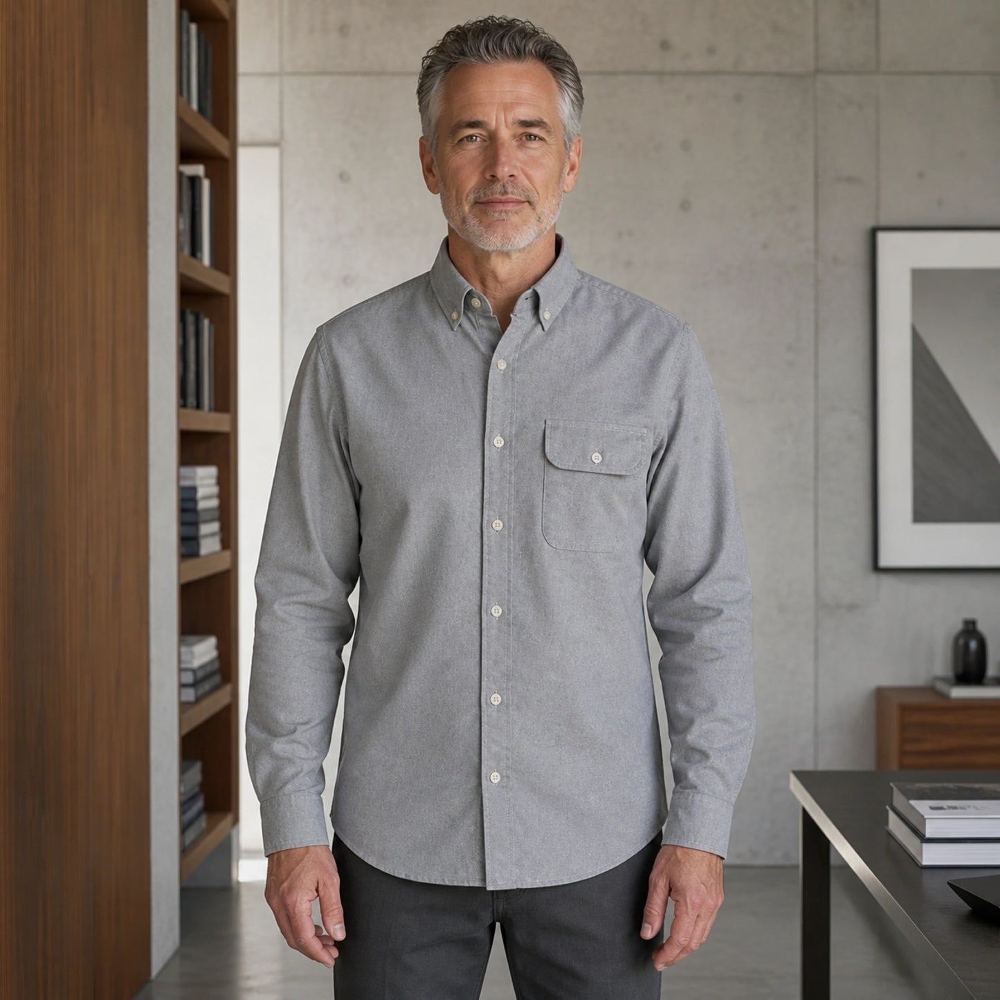 Mature man wearing Gray casual thick Oxford shirt, full front view with button down collar, one flap pocket, cuffs — view 4