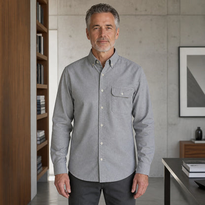 Mature man wearing Gray casual thick Oxford shirt, full front view with button down collar, one flap pocket, cuffs — view 4