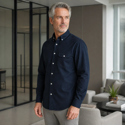 Mature man wearing Sapphire Blue casual thick Oxford shirt, realistic side view showing collar, flap pocket, sleeve — view 5