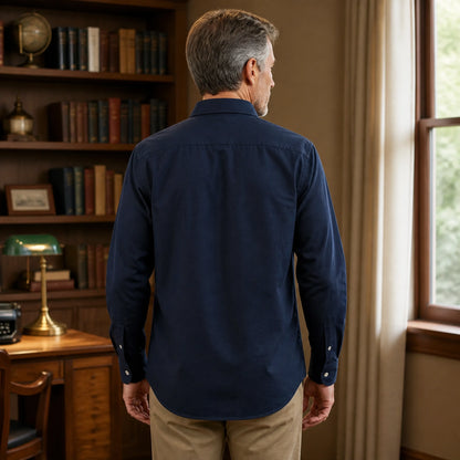 Mature man wearing Sapphire Blue casual thick Oxford shirt, realistic rear view showing collar, yoke, sleeves — view 6