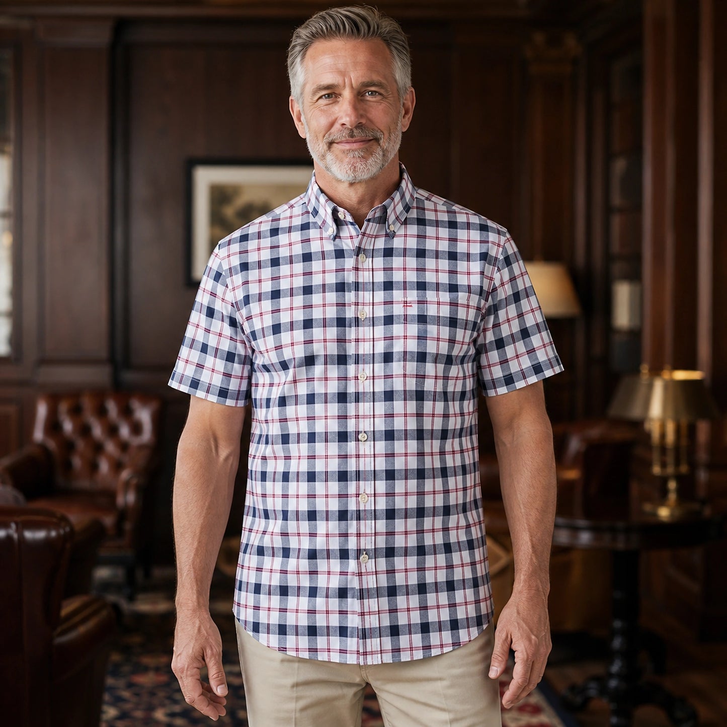 Wine and Navy Plaid Oxford Shirt — Full Front — view 16