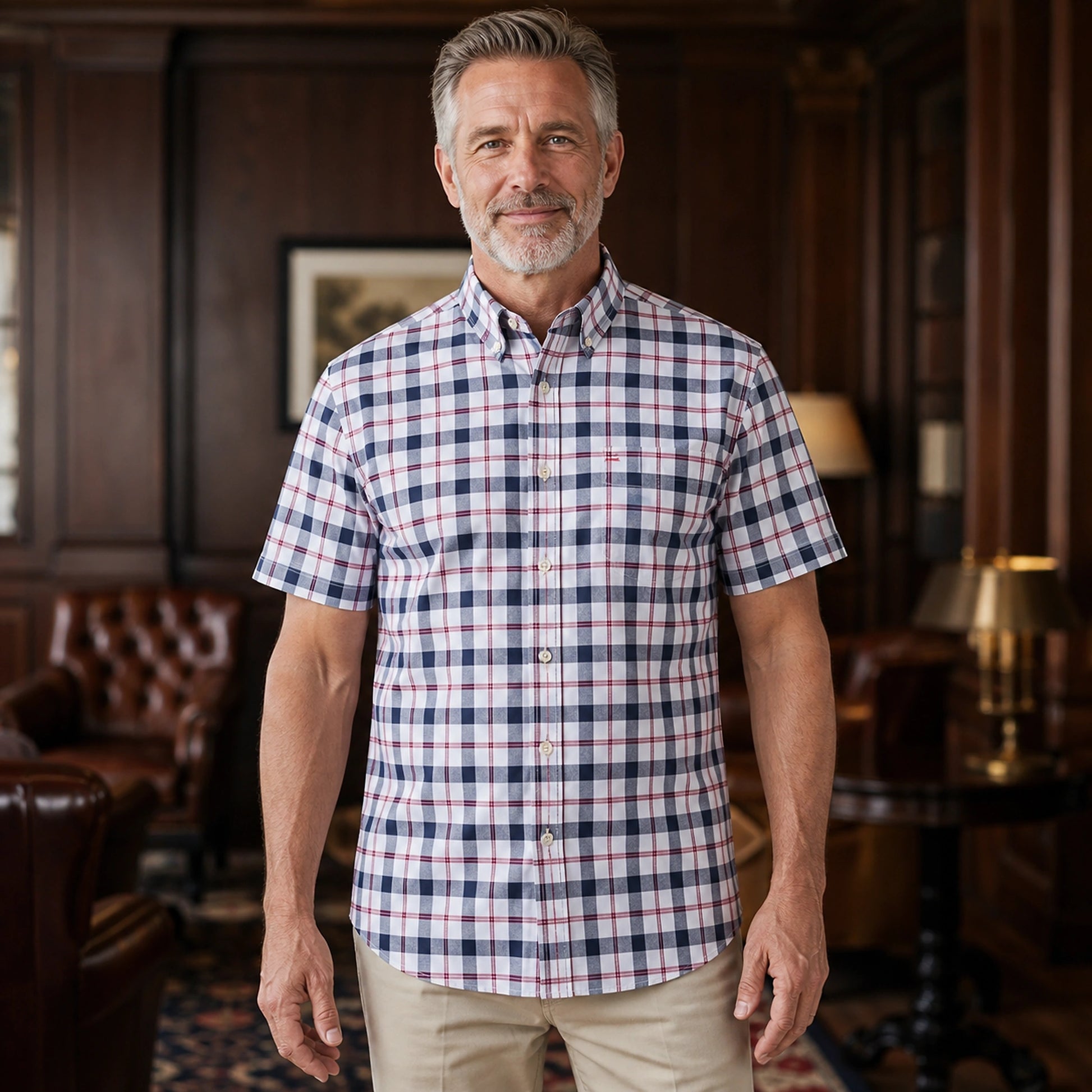 Wine and Navy Plaid Oxford Shirt — Full Front — view 16
