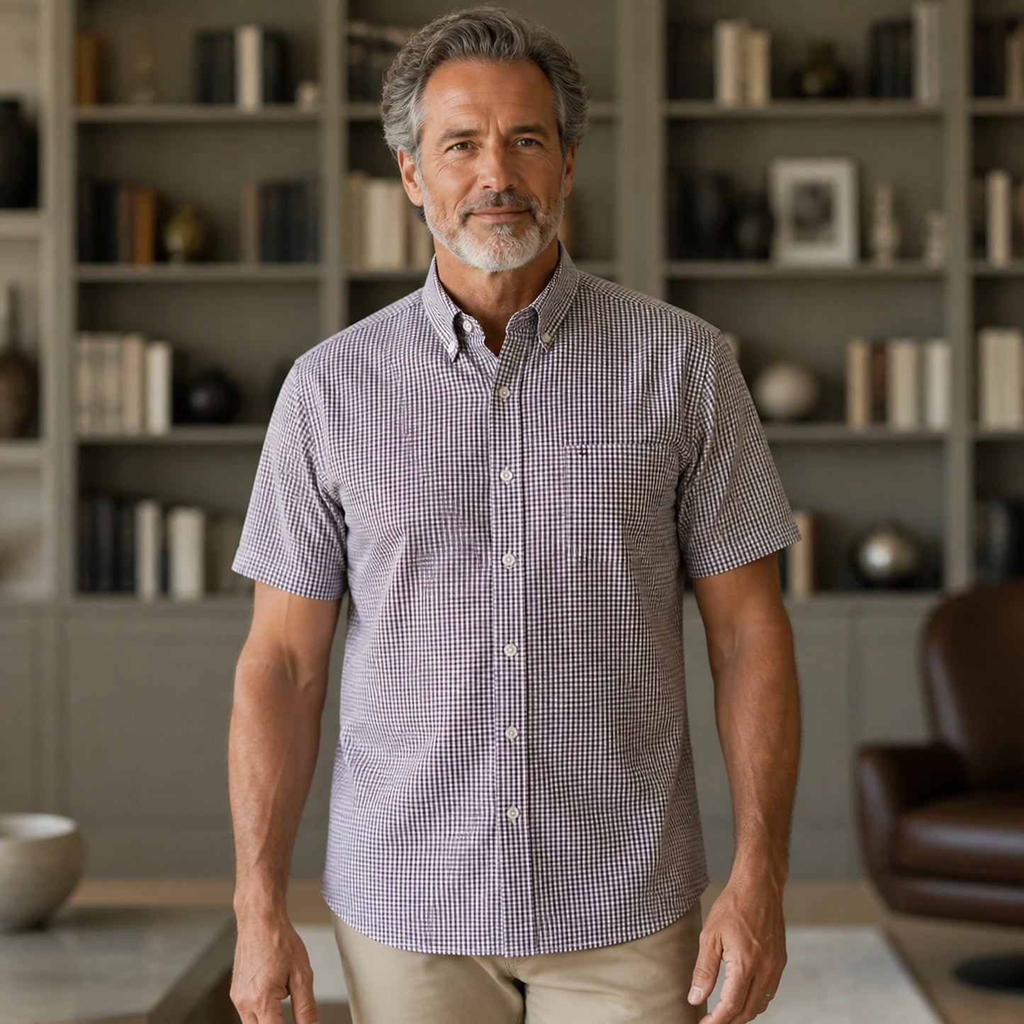 Brown Microcheck Oxford Shirt — Full Front — view 17