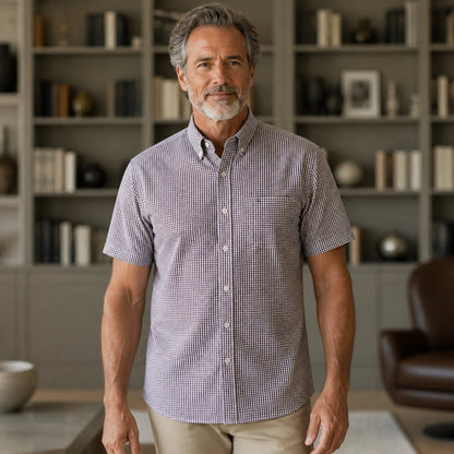 Brown Microcheck Oxford Shirt — Full Front — view 17