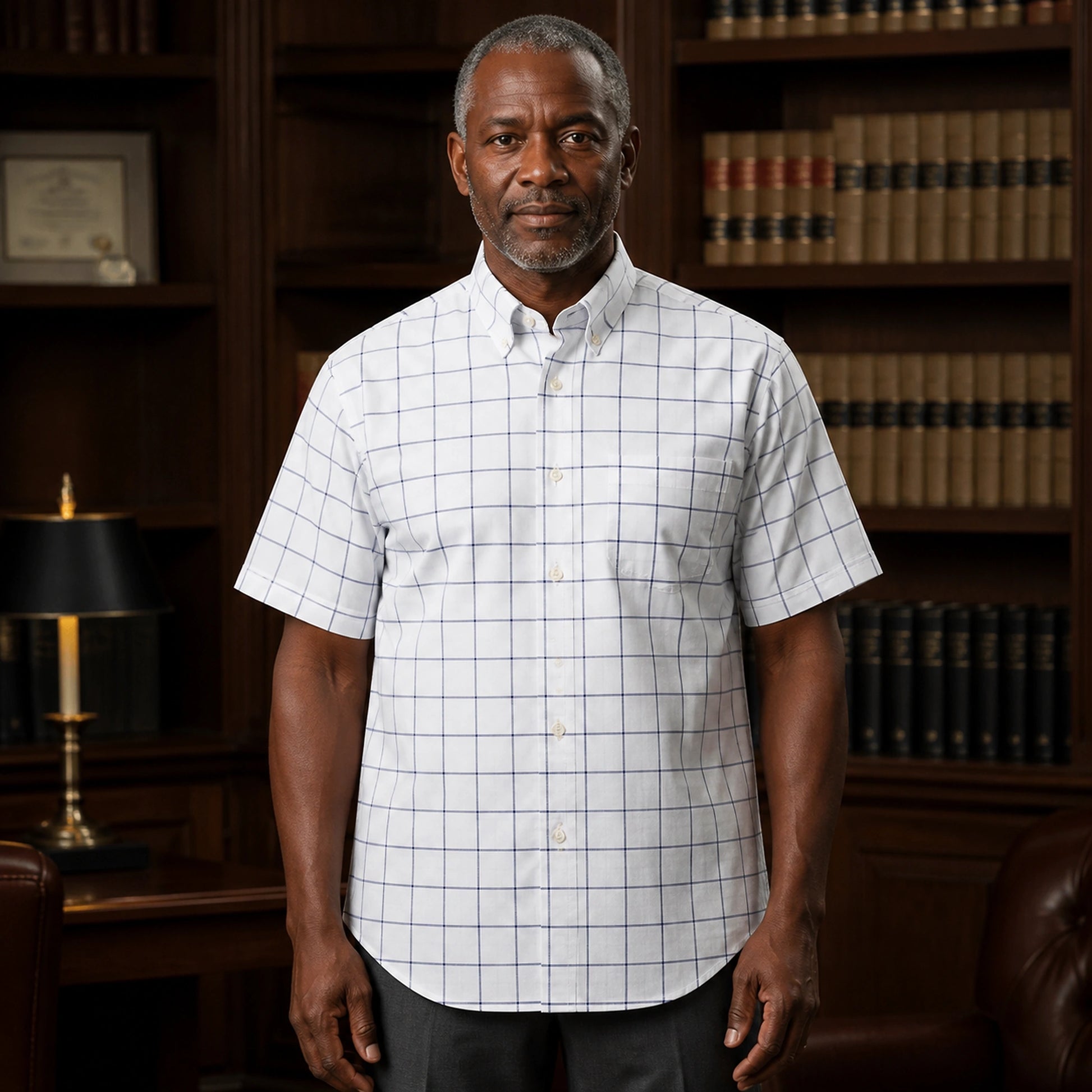White and Navy Windowpane Oxford Shirt — Full Front — view 2