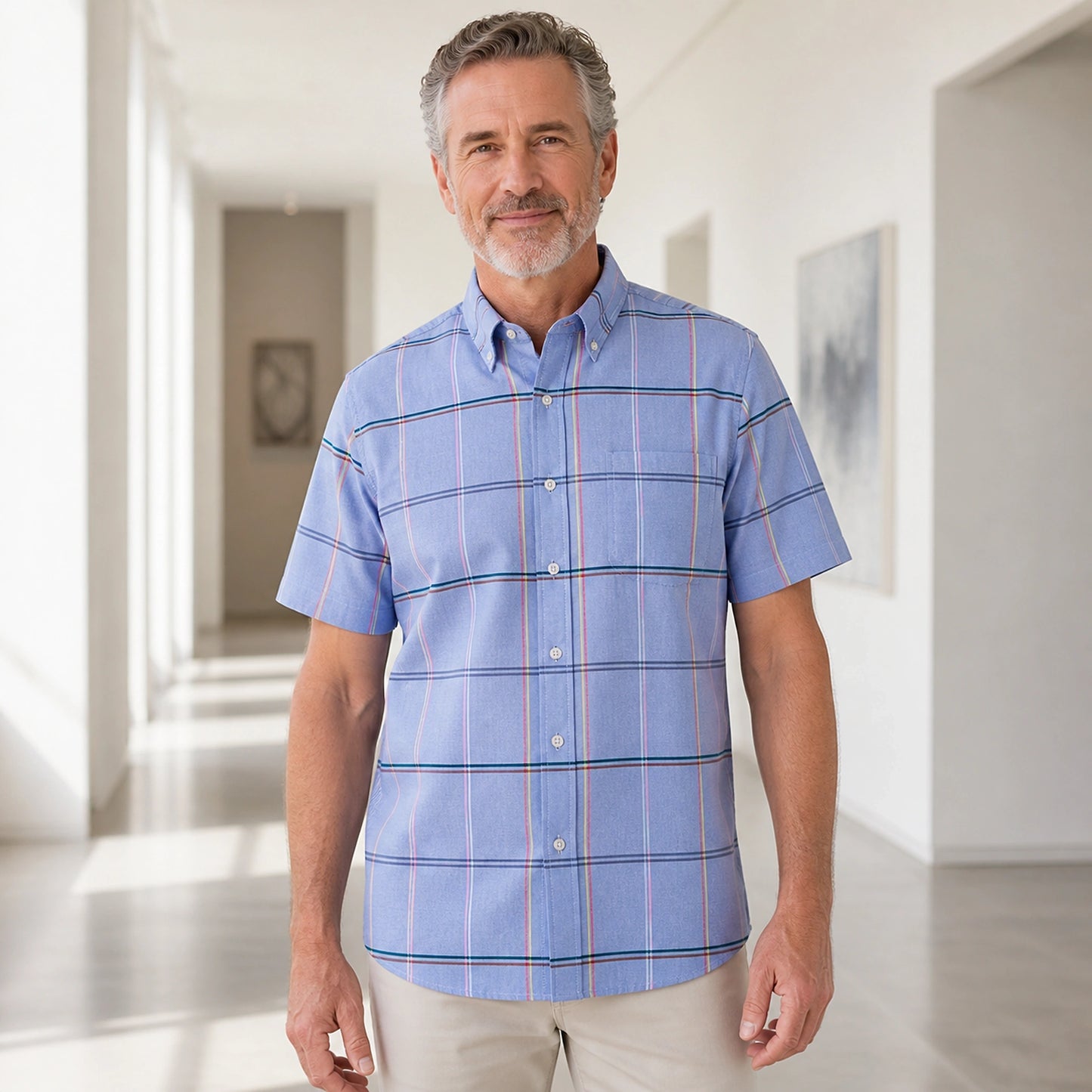Blue Multicolor Windowpane Oxford Shirt — Full Front — view 21